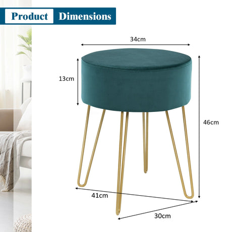 Round Velvet Ottoman Footrest Table Dressing Chair with Metal Legs-Green