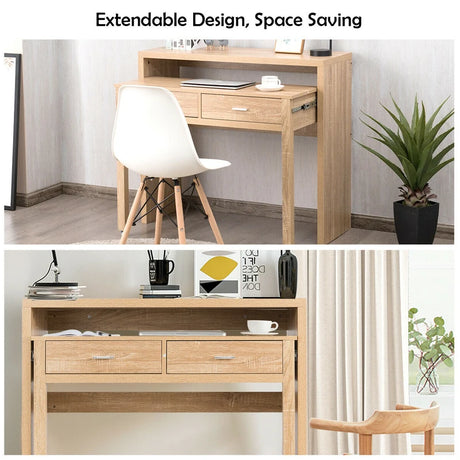 Extending Writing Desk Console Table with 2 Drawers-Natural