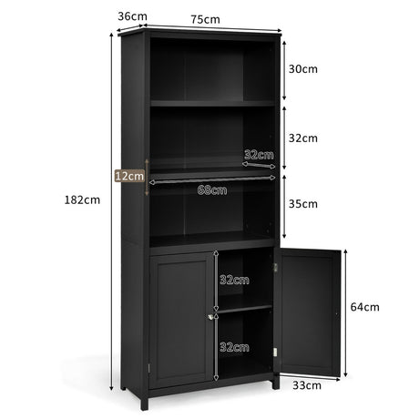 3-Shelf Bookcase with Double Doors &amp; Adjustable Shelves &amp; Cabinet-Black