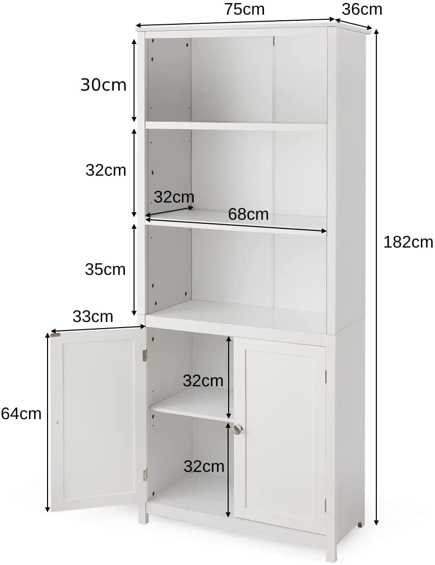 3-Shelf Bookcase with Double Doors &amp; Adjustable Shelves &amp; Cabinet-White