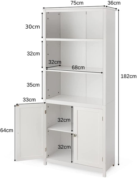 3-Shelf Bookcase with Double Doors &amp; Adjustable Shelves &amp; Cabinet-White