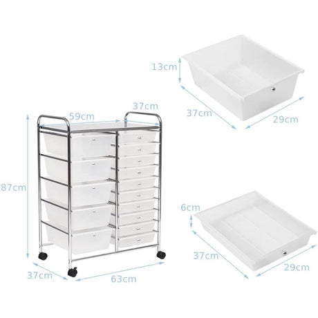 15 Drawer Rolling Storage Cart with Wheels for Home Office Clear