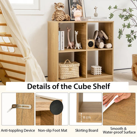 4-Cube Bookcase Storage Organizer with 2 Anti-Tipping Kits for Office-Natural