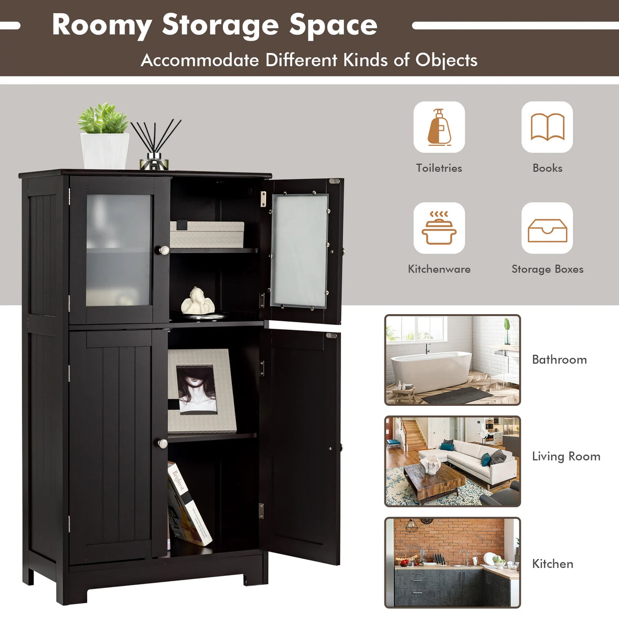 Bathroom Floor Storage Locker Kitchen Cabinet with Doors and Adjustable Shelf-Black