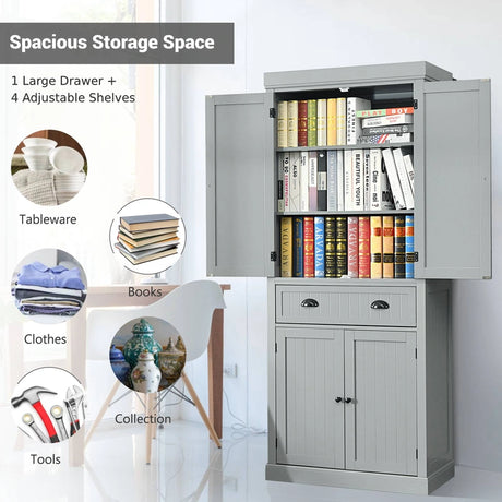 Cupboard Freestanding Kitchen Cabinet w/ Adjustable Shelves-Gray