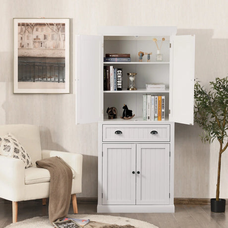 Cupboard Freestanding Kitchen Cabinet w/ Adjustable Shelves-White