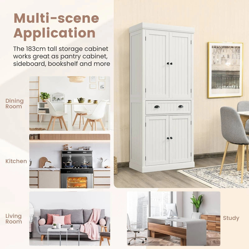 Cupboard Freestanding Kitchen Cabinet w/ Adjustable Shelves-White
