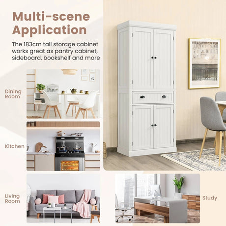 Cupboard Freestanding Kitchen Cabinet w/ Adjustable Shelves-White