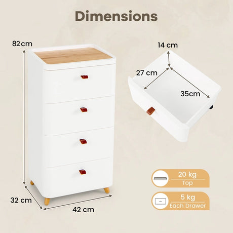 4-Drawer Dresser with Removable Organizer Tray and Solid Wood Legs-White