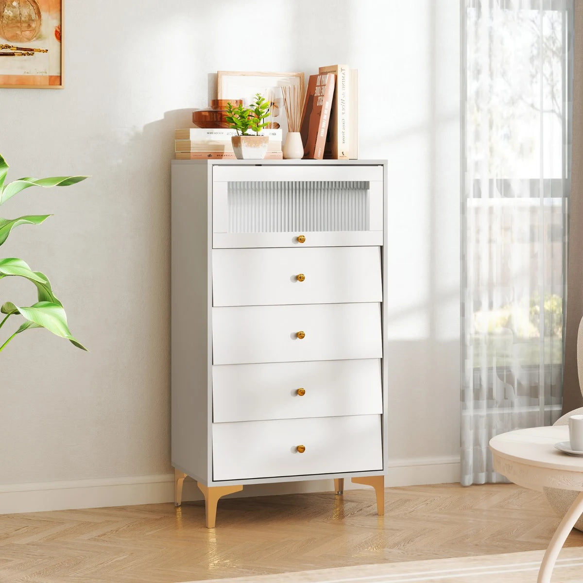 3/4 Drawer Dresser Cabinet with Flip Up Fluted Glass Door-4 Drawers