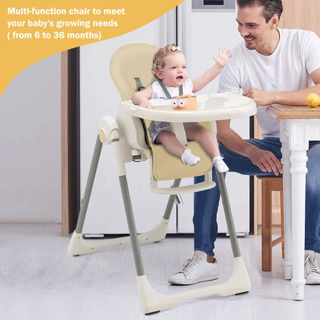 4-in-1 Foldable Baby High Chair with 7 Adjustable Heights and 4 Reclining Angles-Beige