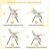 4-in-1 Foldable Baby High Chair with 7 Adjustable Heights and 4 Reclining Angles-Beige