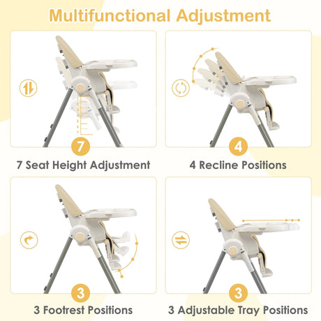 4-in-1 Foldable Baby High Chair with 7 Adjustable Heights and 4 Reclining Angles-Beige