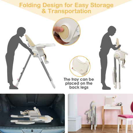 4-in-1 Foldable Baby High Chair with 7 Adjustable Heights and 4 Reclining Angles-Beige