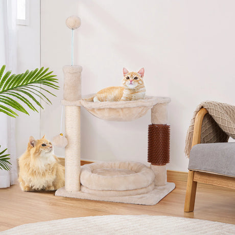 Small scratching post cat tree with hammock &amp; bed &amp; sisal posts &amp; cat brush beige 40 x 30 x 72 cm