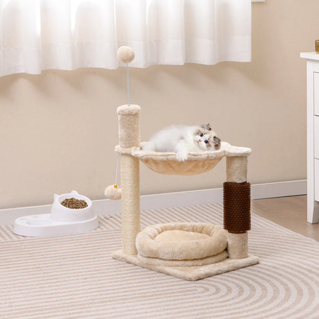Small scratching post cat tree with hammock &amp; bed &amp; sisal posts &amp; cat brush beige 40 x 30 x 72 cm
