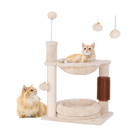 Small scratching post cat tree with hammock &amp; bed &amp; sisal posts &amp; cat brush beige 40 x 30 x 72 cm