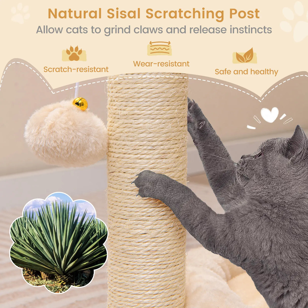 Small scratching post cat tree with hammock &amp; bed &amp; sisal posts &amp; cat brush beige 40 x 30 x 72 cm