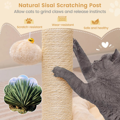 Small scratching post cat tree with hammock &amp; bed &amp; sisal posts &amp; cat brush beige 40 x 30 x 72 cm