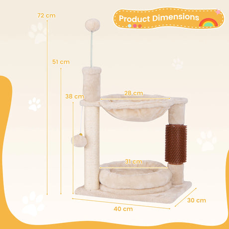 Small scratching post cat tree with hammock &amp; bed &amp; sisal posts &amp; cat brush beige 40 x 30 x 72 cm