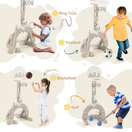 4-in-1 Kids Activity Center with Hoop Football Goal Golf and Ring Toss-Grey