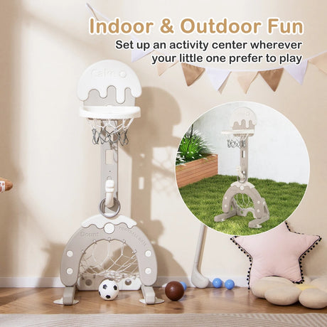 4-in-1 Kids Activity Center with Hoop Football Goal Golf and Ring Toss-Grey