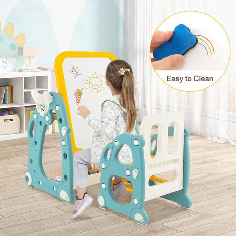 Kids Art Easel with Chair and 3-Level Adjustable Whiteboard-Multicolor