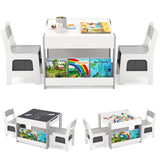 4 in 1 Kids Table and Chairs Set with Reversible Tabletop and Bookshelves-Grey