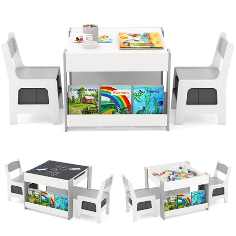 4 in 1 Kids Table and Chairs Set with Reversible Tabletop and Bookshelves-Grey