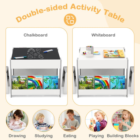 4 in 1 Kids Table and Chairs Set with Reversible Tabletop and Bookshelves-Grey