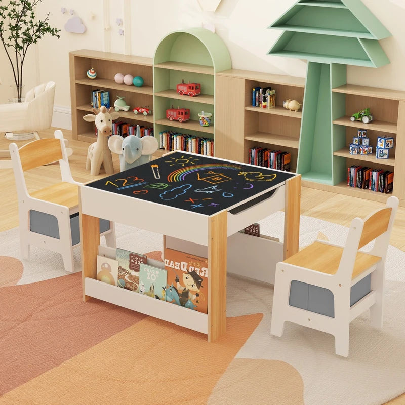 4 in 1 Kids Table and Chairs Set with Reversible Tabletop and Bookshelves-Natural