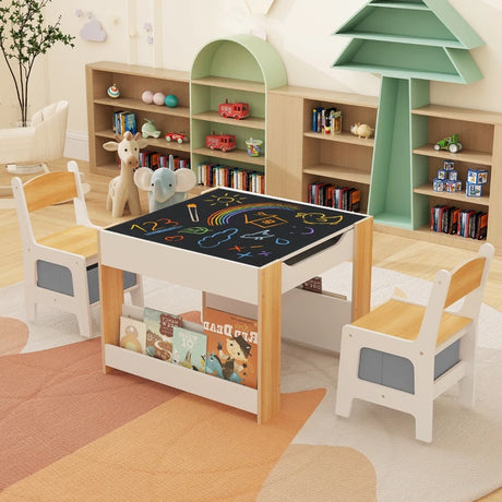 4 in 1 Kids Table and Chairs Set with Reversible Tabletop and Bookshelves-Natural