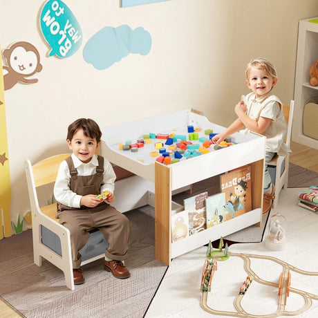 4 in 1 Kids Table and Chairs Set with Reversible Tabletop and Bookshelves-Natural