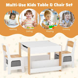 4 in 1 Kids Table and Chairs Set with Reversible Tabletop and Bookshelves-Natural