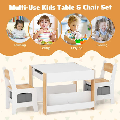 4 in 1 Kids Table and Chairs Set with Reversible Tabletop and Bookshelves-Natural