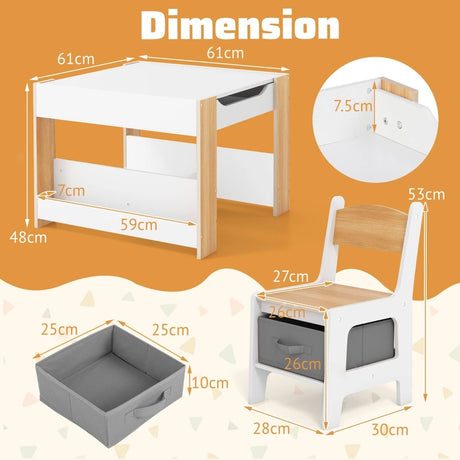 4 in 1 Kids Table and Chairs Set with Reversible Tabletop and Bookshelves-Natural