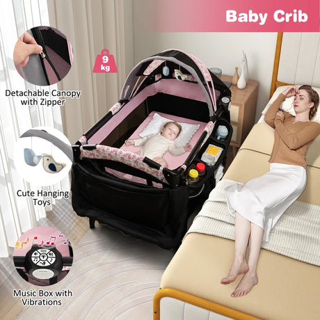 4 in 1 Portable Baby Nursery Center with Bassinet-Pink