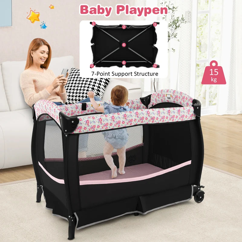 4 in 1 Portable Baby Nursery Center with Bassinet-Pink