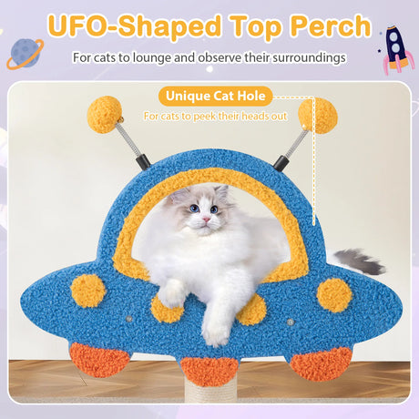 4-Level Cute Cat Tree Tower with UFO-Shaped Top Perch-Blue