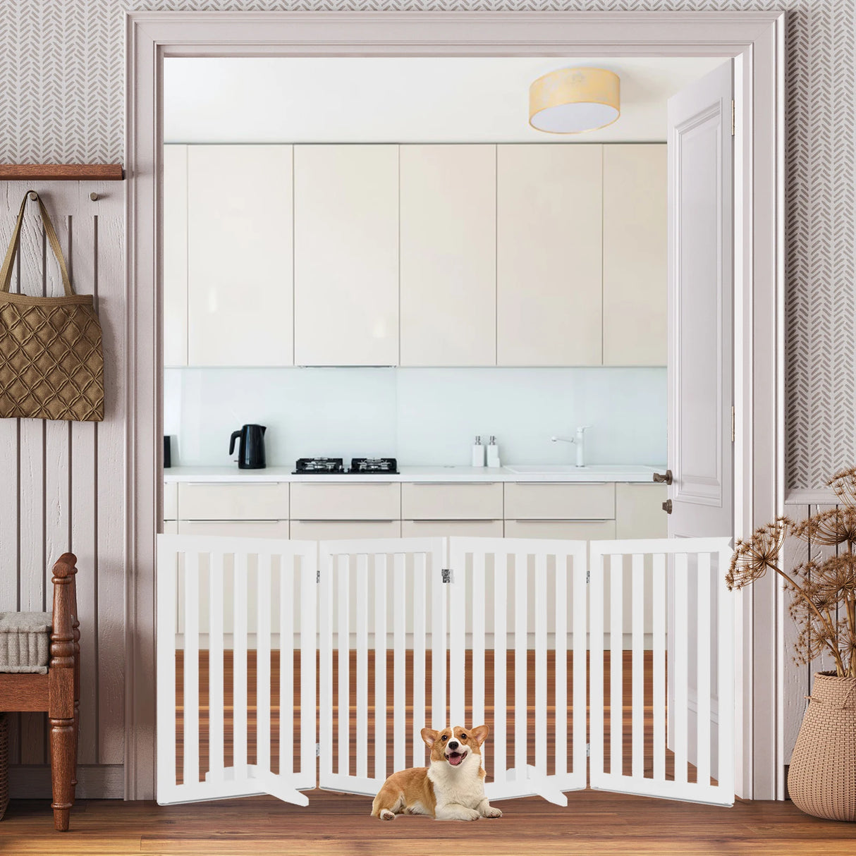 Barrier dogs 89cm high 4 panels safety gate wood folding white