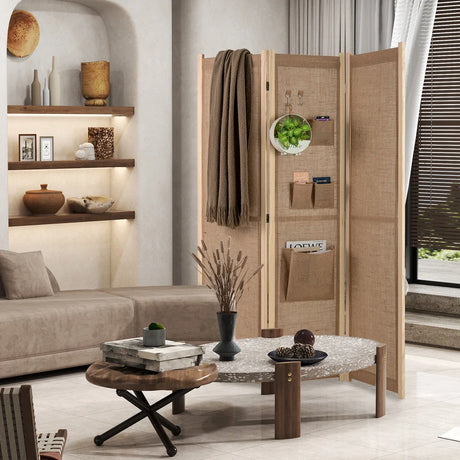 4 Panel Faux Linen Room Divider with Storage Bags-Natural