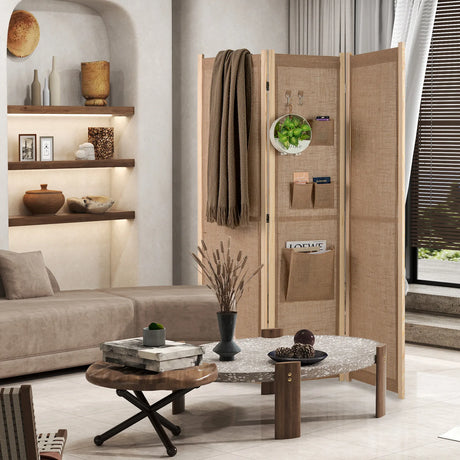4 Panel Faux Linen Room Divider with Storage Bags-Natural