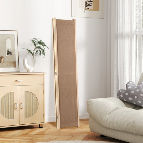 4 Panel Faux Linen Room Divider with Storage Bags-Natural