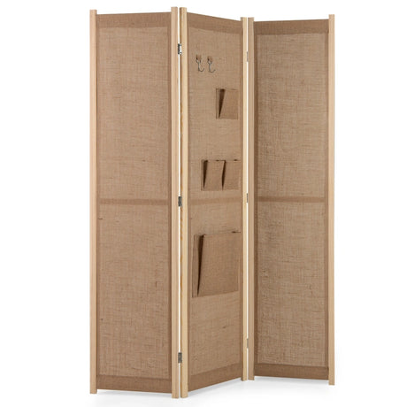 4 Panel Faux Linen Room Divider with Storage Bags-Natural