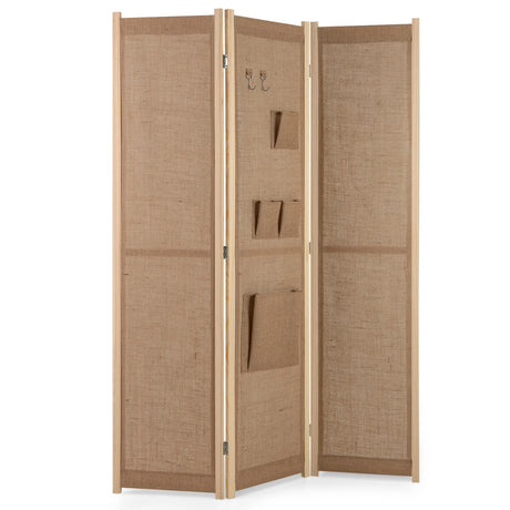 4 Panel Faux Linen Room Divider with Storage Bags-Natural