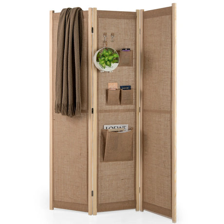 4 Panel Faux Linen Room Divider with Storage Bags-Natural
