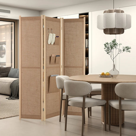 4 Panel Faux Linen Room Divider with Storage Bags-Natural