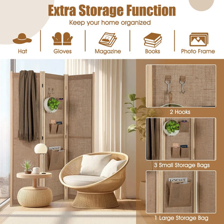 4 Panel Faux Linen Room Divider with Storage Bags-Natural