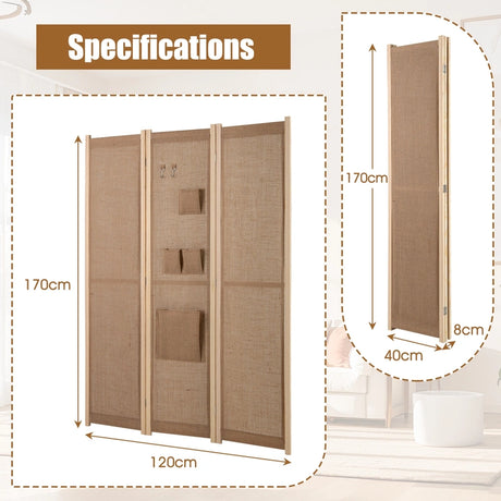 4 Panel Faux Linen Room Divider with Storage Bags-Natural
