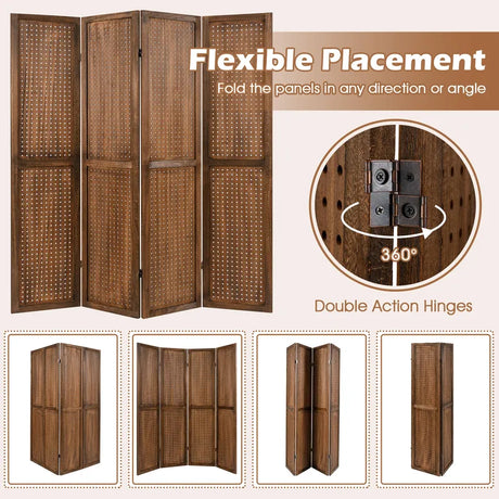 170cm 4-Panel Folding Room Divider with 360 Metal Hinges and Solid Wood Frame-4-Panel